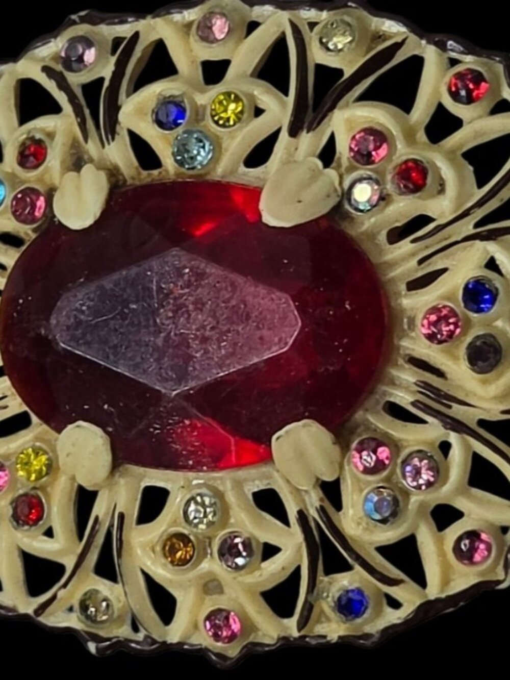 Vtg 1930s Art Deco Celluloid Filigree Brooch Central Red Stone Colorful Accents - Picture 9 of 9